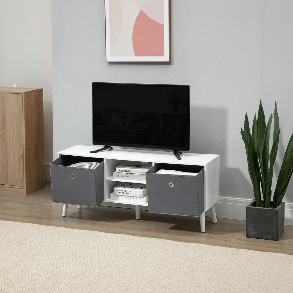 image 1 of HOMCOM Modern TV Cabinet Stand w/ Shelves & Drawers, Bedroom White & Grey