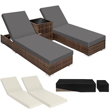 Sun Lounger Set - 2 loungers, 1 side table, aluminium frame, adjustable backrest, rain cover | Brown | brown | 1