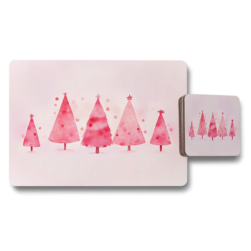 Pink Watercolor Christmas Tree Placemats And Coaster Set