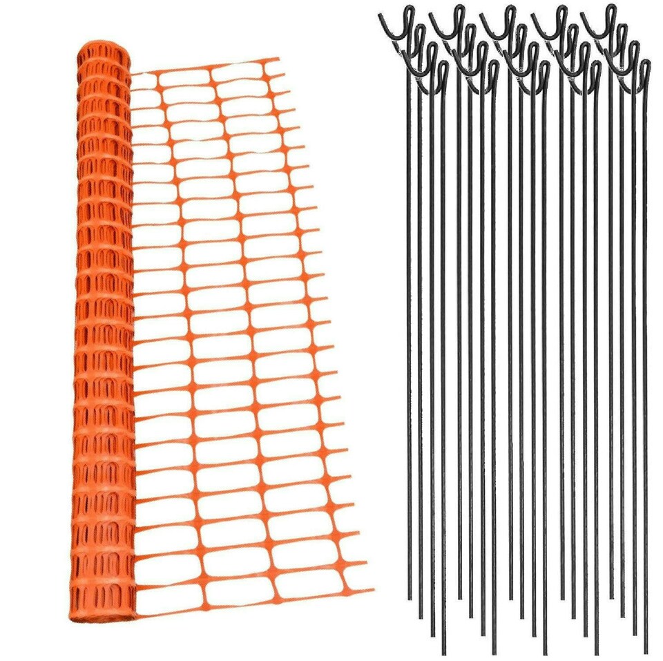 image 1 of True Products Orange Plastic Safety Barrier Mesh Fence Netting 1m x 25m with 20 Metal Fencing Pins | Orange | 1