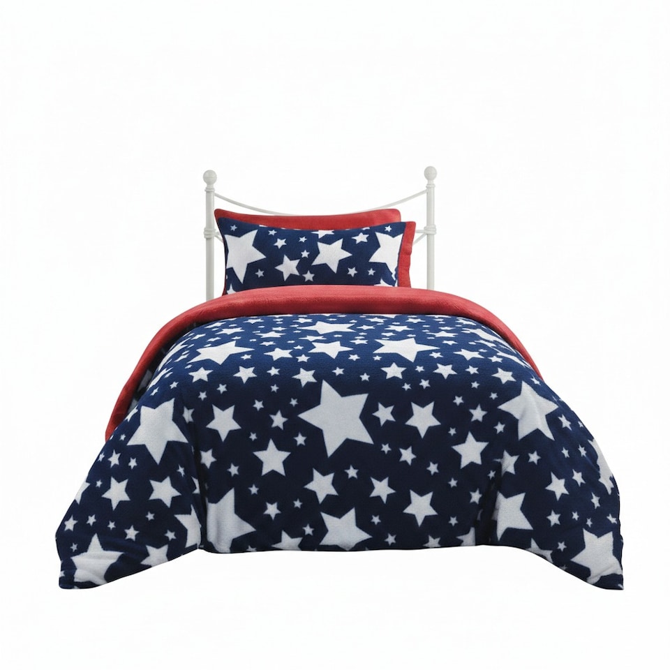 image 1 of Stars Kids Teddy Duvet Cover Set Ultra Soft Bedding with Pillowcase | Blue | Navy Blue | Single