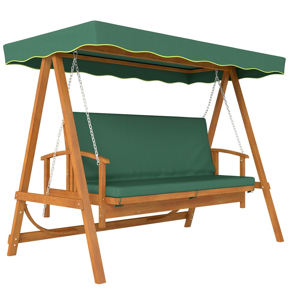 image 1 of Outsunny 3-Seater 2-in-1 Wooden Swing/Hammock Bench, Dark Green Green | Green