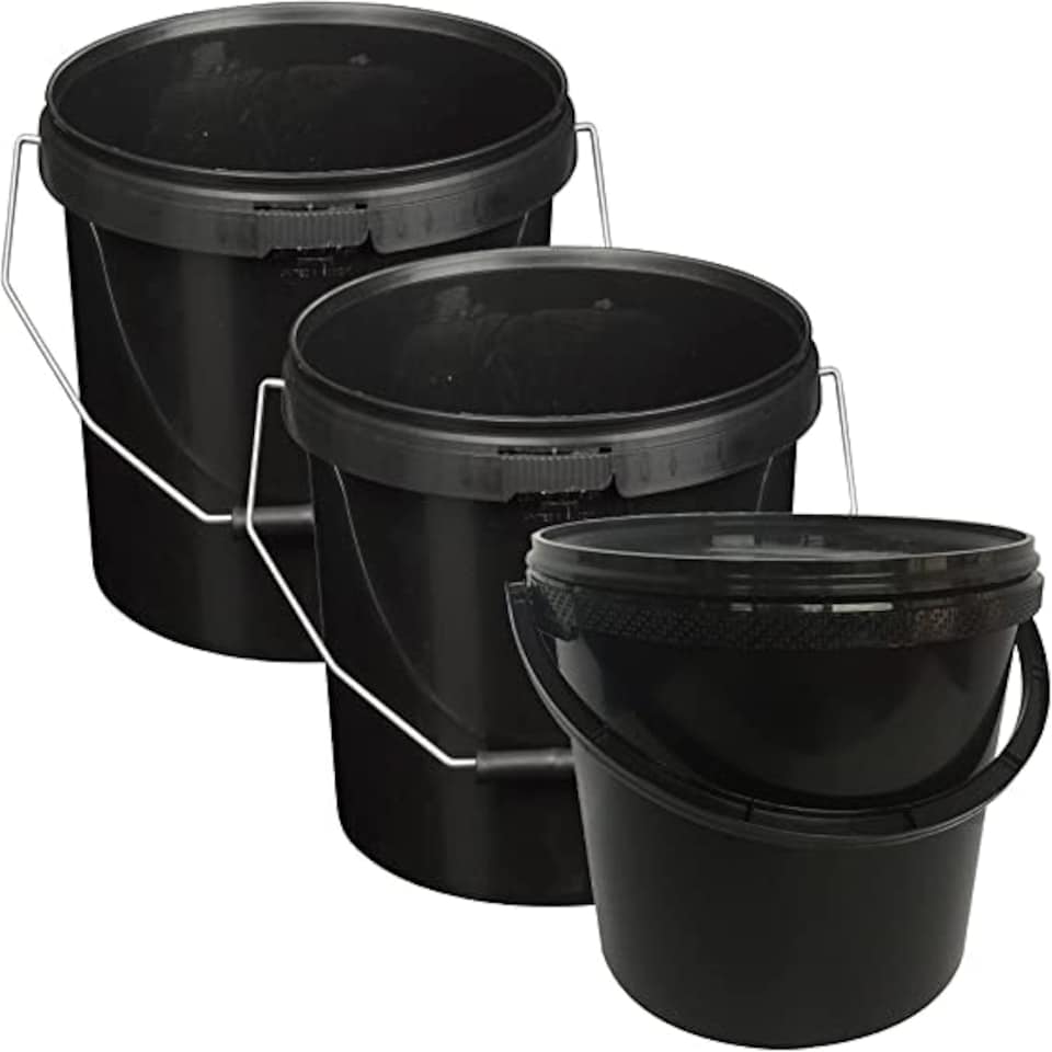 image 1 of 10 x Strong Heavy Duty 25L Black Multi-Purpose Plastic Storage Buckets With Lid & Handle