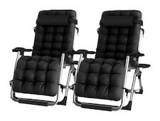 Groundlevel Pair of Luxury Gravity Garden Adjustable Sun Lounger Relaxer Chair with Cushion | Black | Black