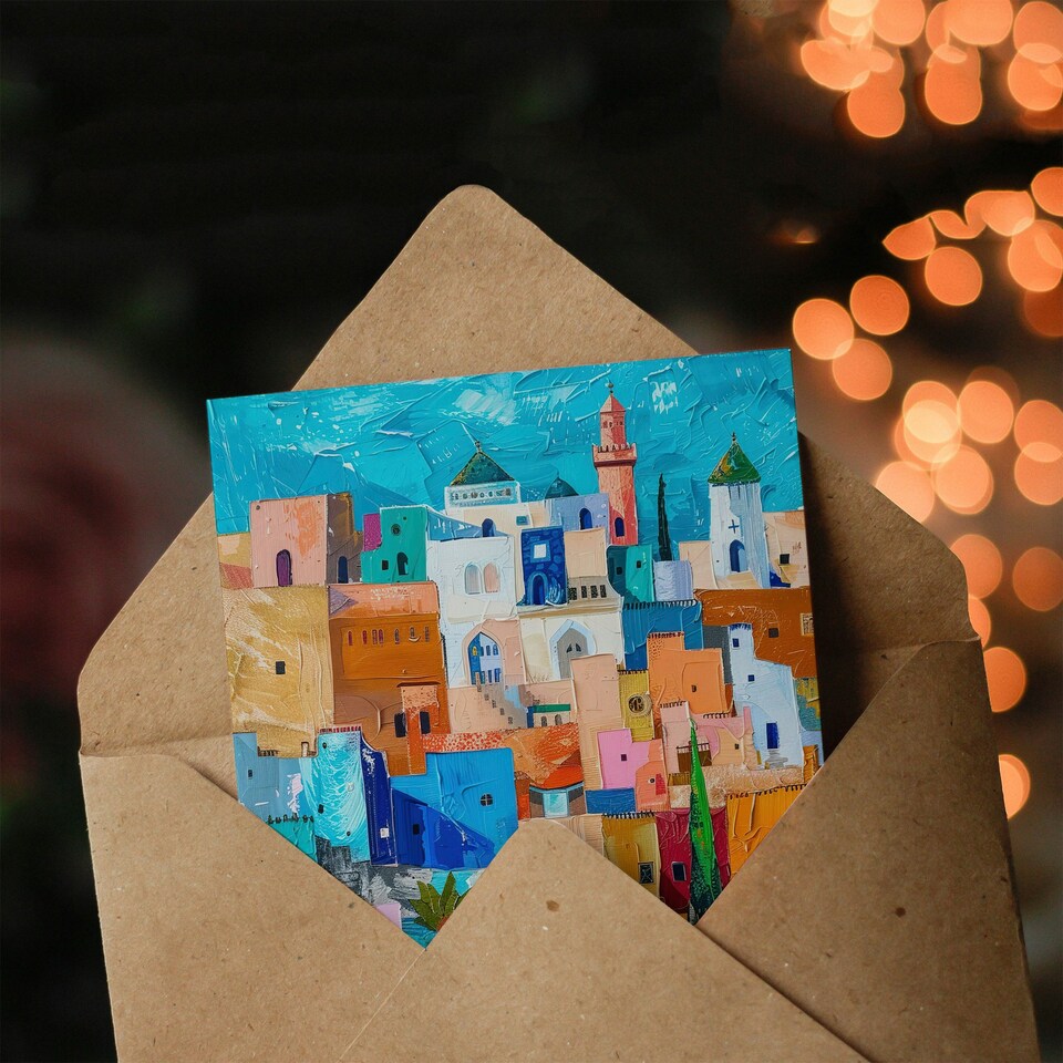 image 1 of Quirky Morocco Cityscape Oil Colourful Him Her Birthday Card