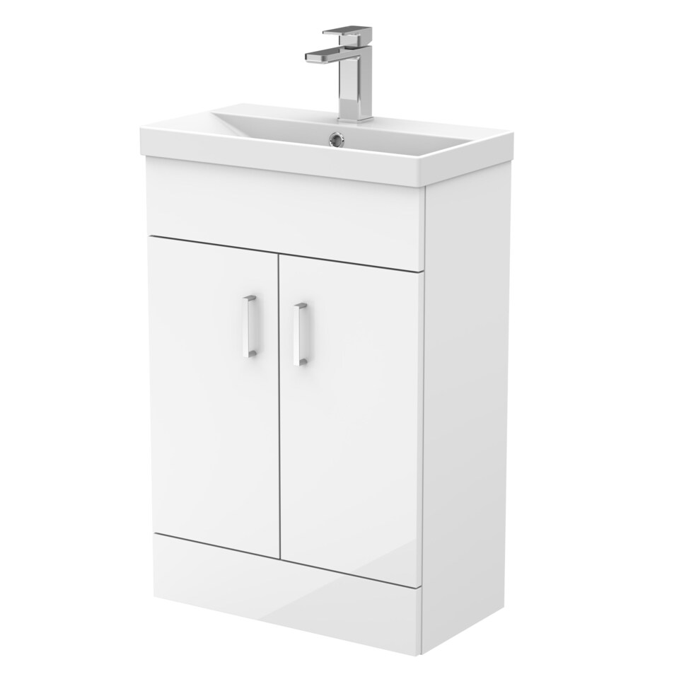 Balterley Compact Floor Standing Bathroom Vanity Basin Unit with Ceramic Basin & 2 Soft-Close Doors | White | 850 x 560 x 309mm