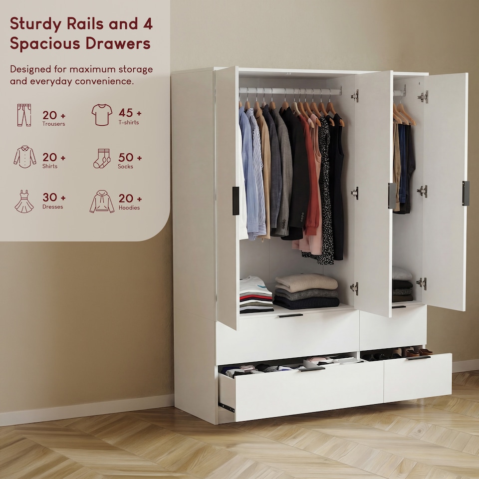 image 1 of Vida Designs Trega 3 Door 4 Drawer Wardrobe Modern Storage Unit, White