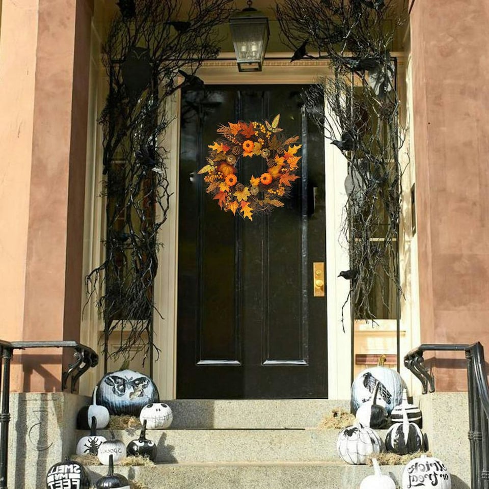 image 1 of Living and Home Artificial Autumn Halloween Prelit Wreath Decorations