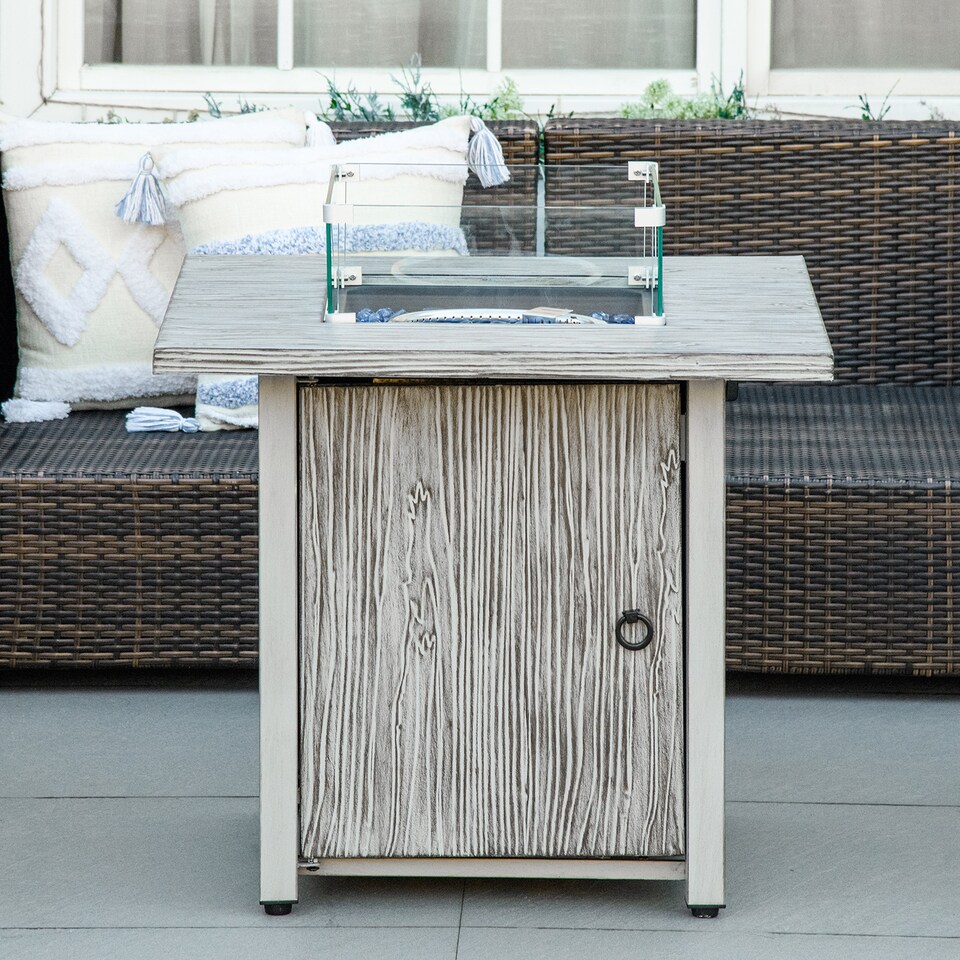 image 1 of Outsunny Propane Gas Fire Pit Table for Garden, 40000 BTU Smokeless Firepit Outdoor Patio Heater with Waterproof Cover, Glass Screen, Glass Beads and Lid, Wood Effect, 71 x 71 x 63cm, Grey