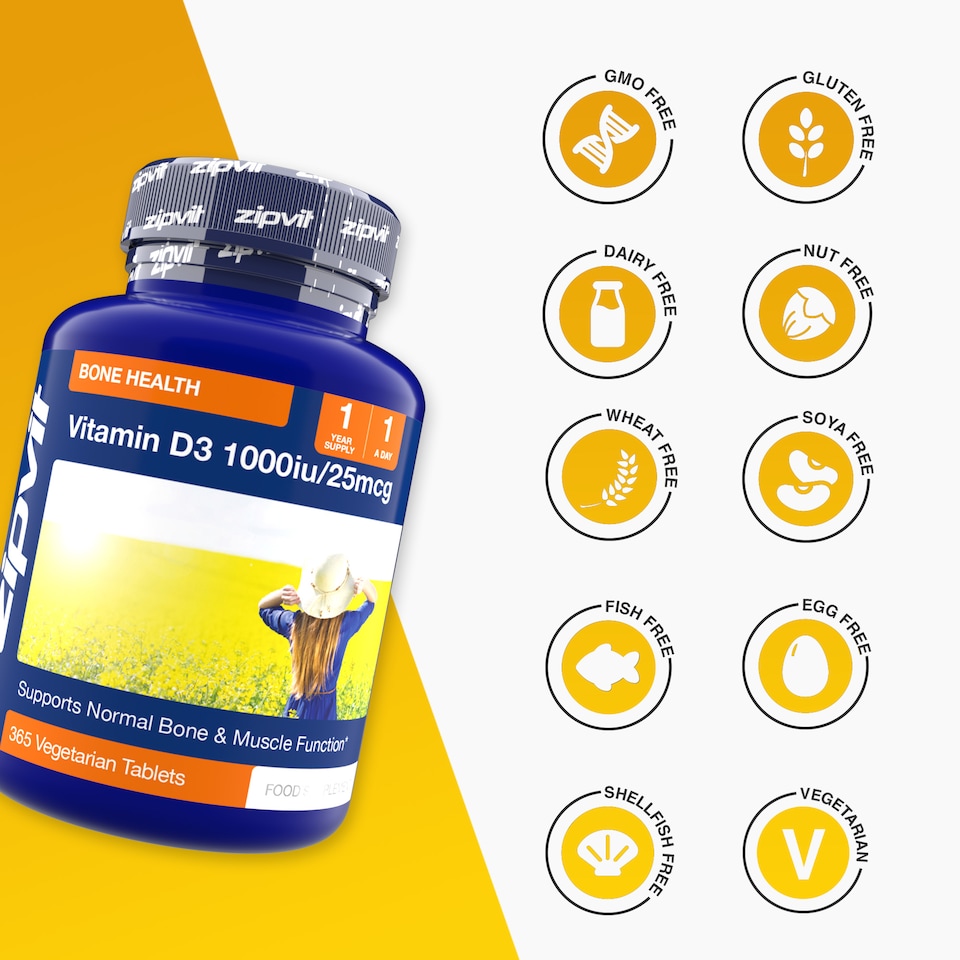 image 1 of Zipvit Vitamin D3 1000IU, Bone, Muscle & Immune Support, 365 Vegetarian Tablets, 1-Year Supply