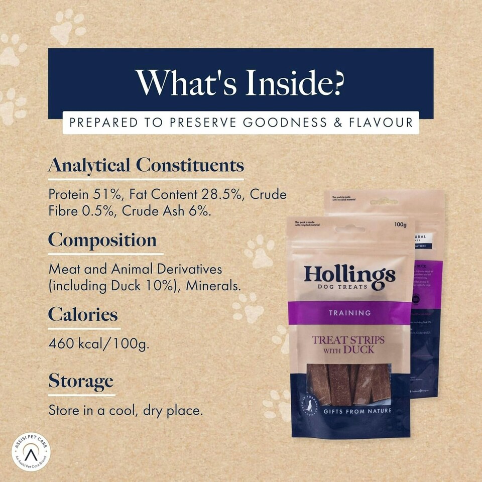 image 1 of Hollings Treat Strips with Duck Dog Training Treats, 100% Natural, Air Dried Duck Strips for Adult Dogs, Gluten Free & High in Protein (100g)