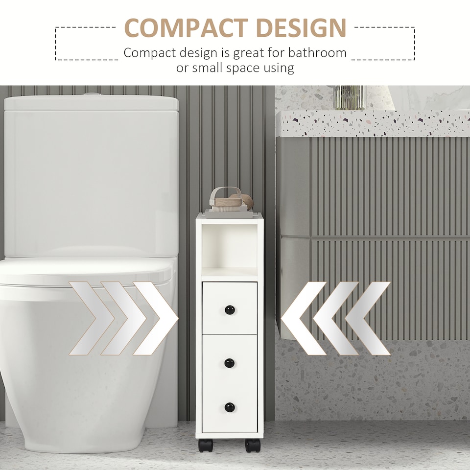 image 1 of kleankin Slimline Bathroom Storage Unit w 2 Drawers 2 Open Compartments Wheels Handles Freestanding Compact Home Office Furniture White