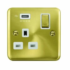 SE HOME Curved Satin Brass 1 Gang 13A DP Ingot 1 USB Switched Plug Socket White | Satin Brass