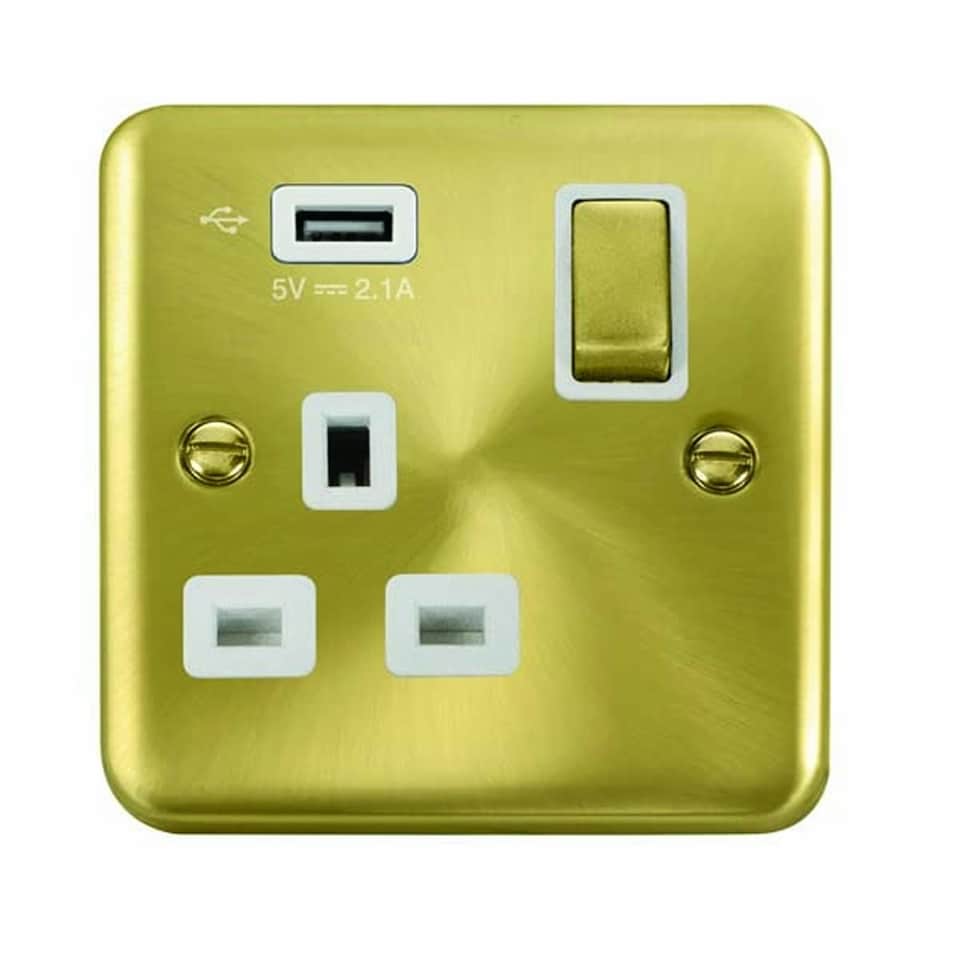 SE HOME Curved Satin Brass 1 Gang 13A DP Ingot 1 USB Switched Plug Socket White | Satin Brass