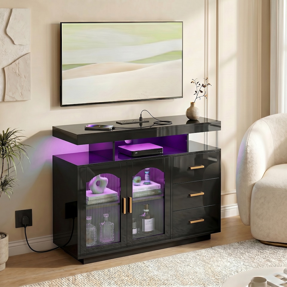 image 1 of HOMCOM High Gloss Sideboard with LED Lights, Power Outlets, Drawers