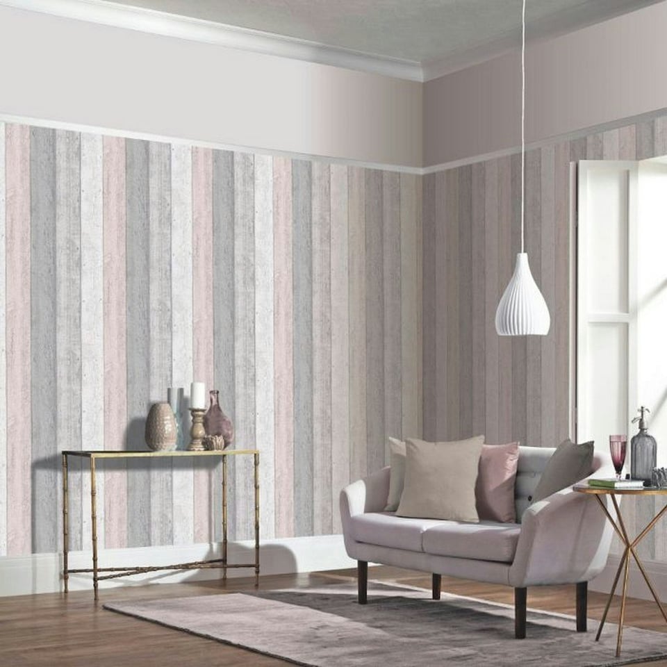 image 1 of Arthouse Painted Wood Wallpaper - Grey/Blush - 10m x 53cm Grey