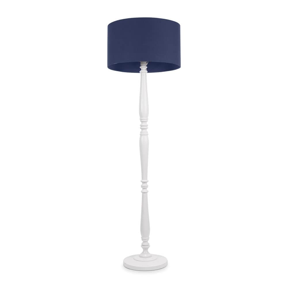 ValueLights Victoria White Wood Floor Lamp Navy Blue Shade and Bulb