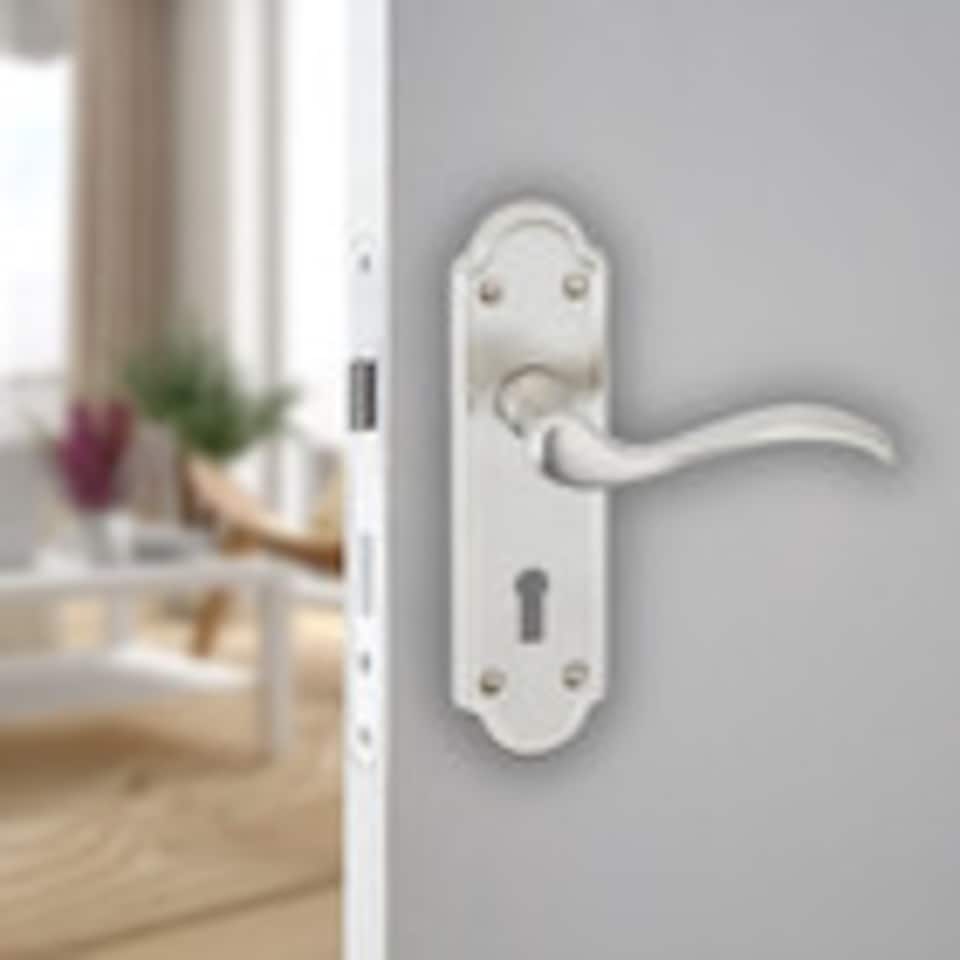 image 1 of Lisbon Metal Lever Latch Door Handles Set Round Rose Internal & External | Silver | Satin Nickel Keyhole