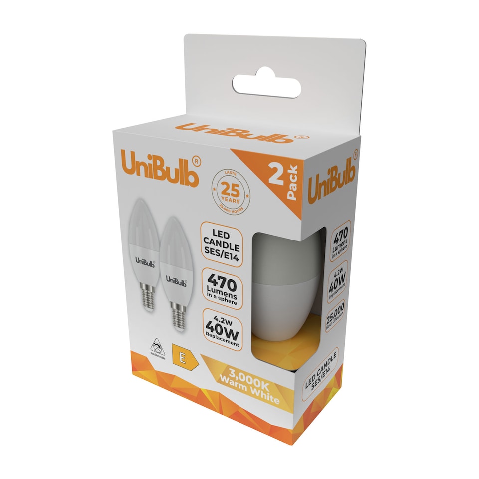image 1 of UniBulb LED Candle E14 (SES) 470lm 4.2W 3000K (Warm White) Light Bulb - Pack of 2 | White | Warm White | 2
