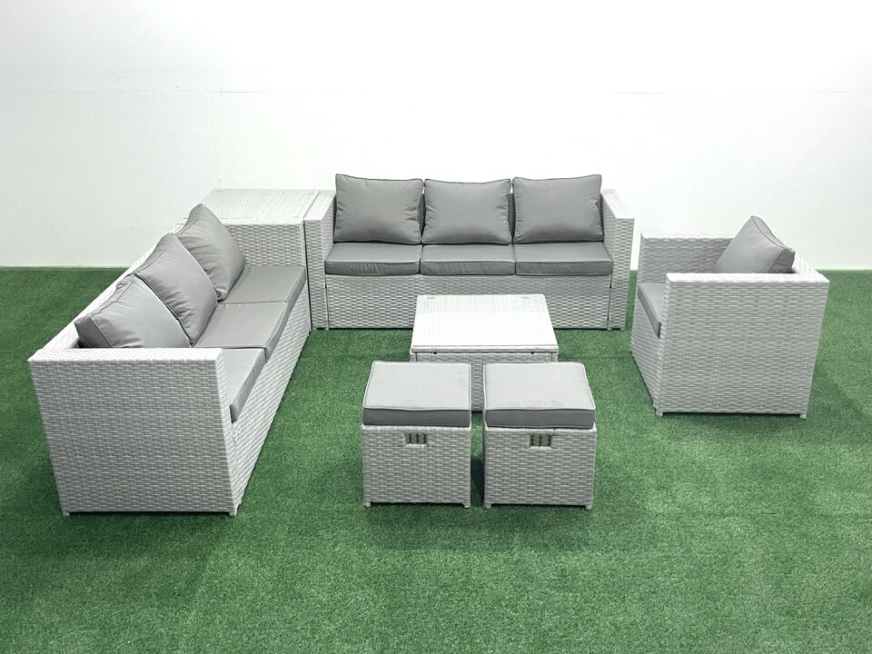 image 1 of Fimous Wicker PE Rattan Sofa Garden Furniture Set with Armchair Square Coffee Table 2 Small Footstools Side Table Light Grey Mixed