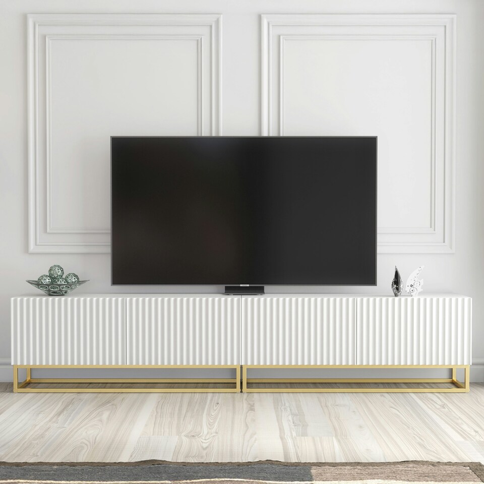 image 1 of Modular TV Unit 200cm White Matt with Fluted Fronts and Gold Base White