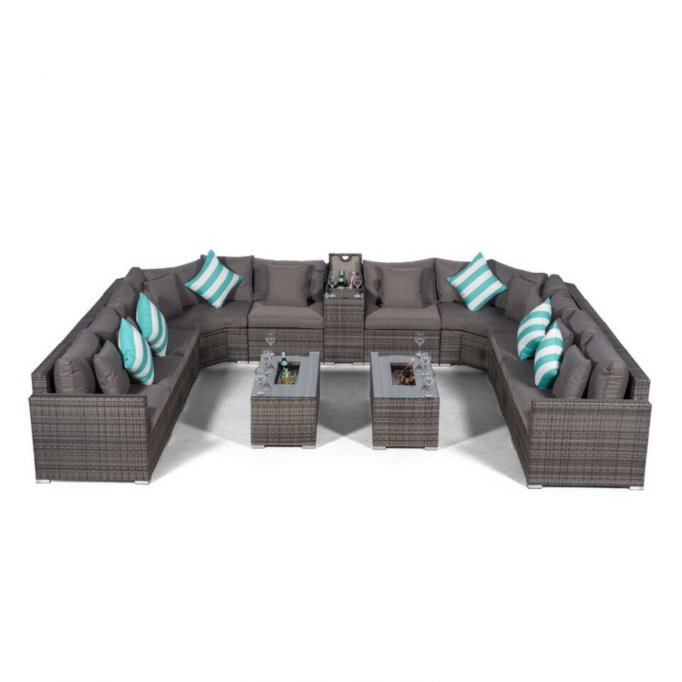 image 1 of Santorini U Shape Modular 10 Seat Rattan Sofa Set With Armrest Drinks Cooler & 2 Drinks Cooler Coffee Tables Grey | Grey