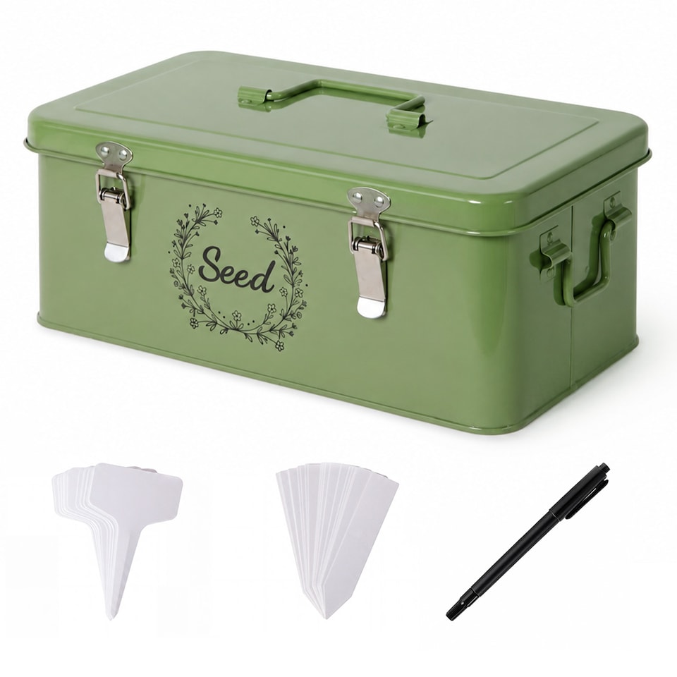 image 1 of TOQUE Seed Box 4-Compartment Storage Box Metal Seed Organiser Dark Green