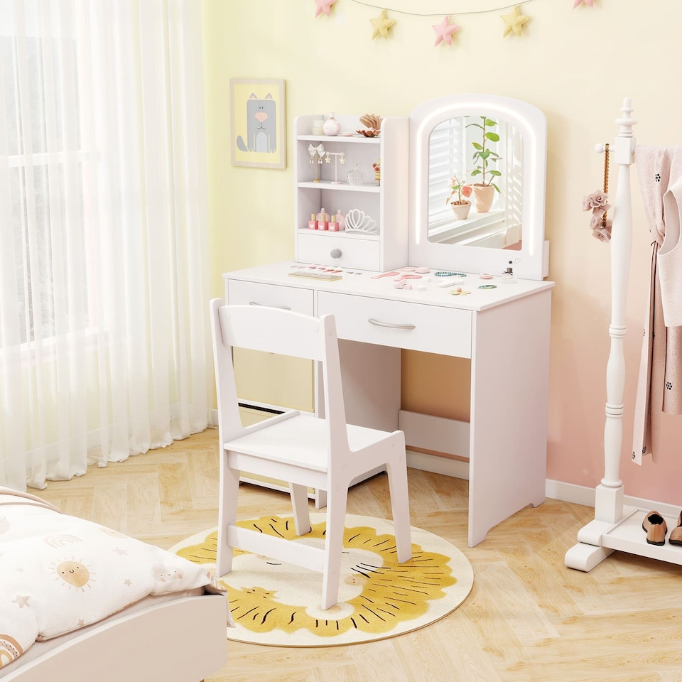 image 1 of COSTWAY Kids Vanity Set Princess Makeup Desk and Chair White