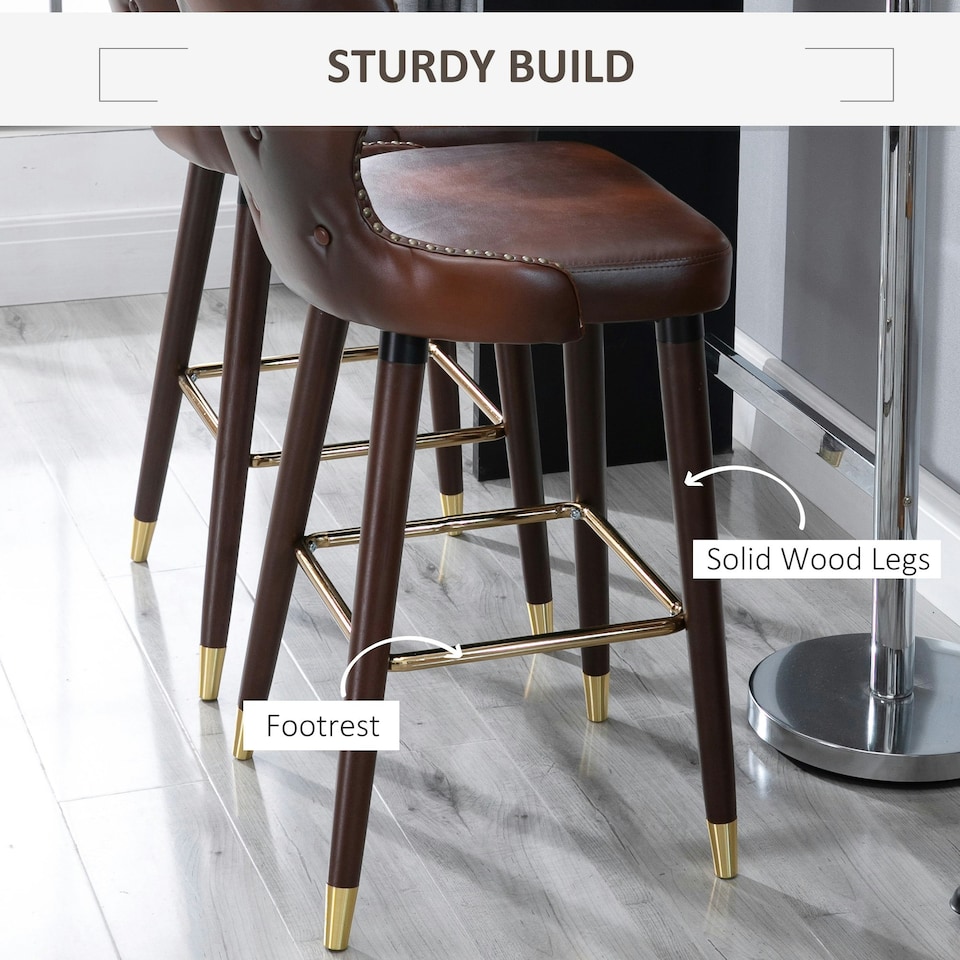 image 1 of HOMCOM Luxury Bar Stools Set of 2 with Back, PU Leather Upholstery, Brown