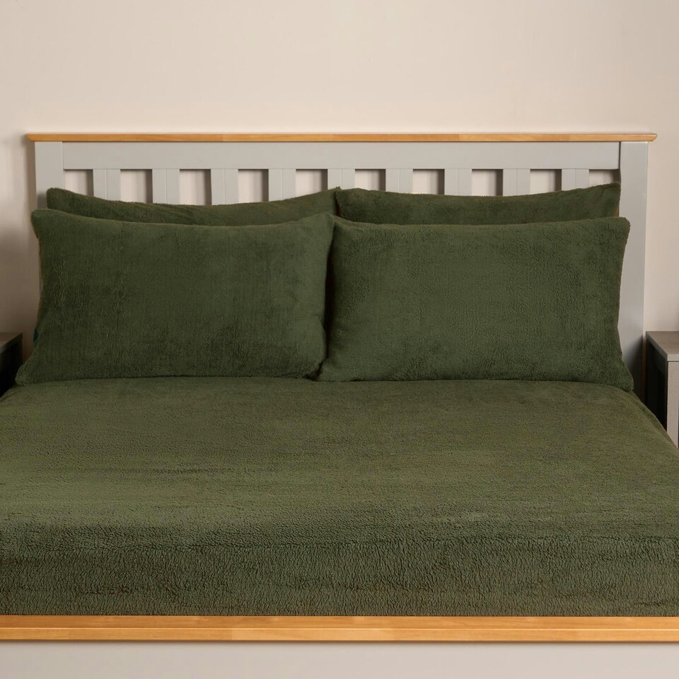 image 1 of OHS 2 Pack Soft Cosy Teddy Fleece Pillowcases, 50x75cm - Woodland Green