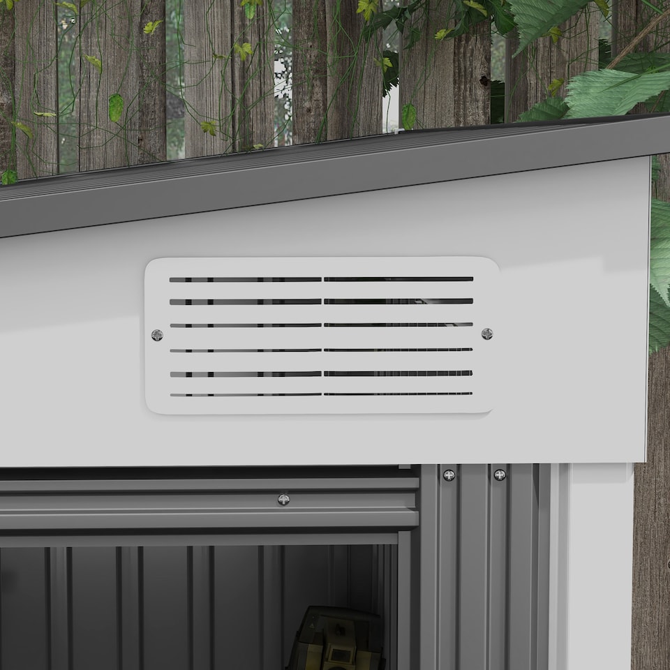 image 1 of Outsunny 7 x 5FT Galvanised Metal Garden Shed with Foundation, Lean to Shed, Tool Storage House with Sliding Doors, 2 Vents, Adjustable Shelves and Hooks, White