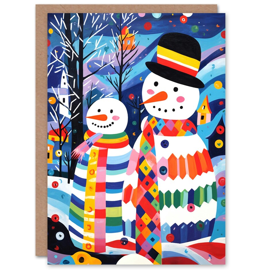 image 1 of Snowman Couple Colourful Folk Art Blank For Him Or Her Art Xmas Festive Christmas Card