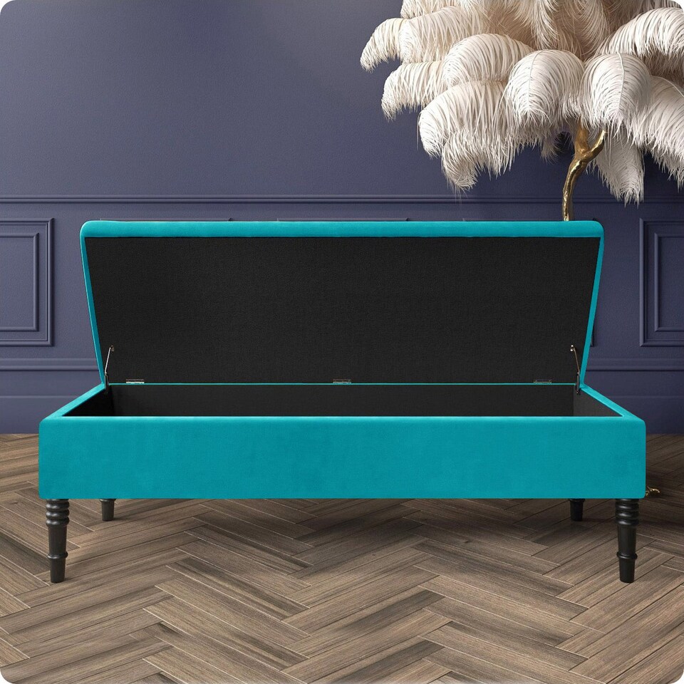 image 1 of Safar Plain 90cm Ottoman Storage Bench - Plush Velvet Shoe Bench - Teal Upholstery Footstool with Storage
