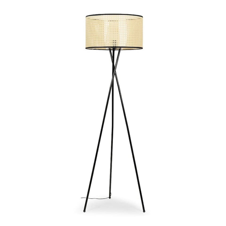 image 1 of ValueLights Camden Black Tripod Floor Lamp and Natural Cane Shade | Cream