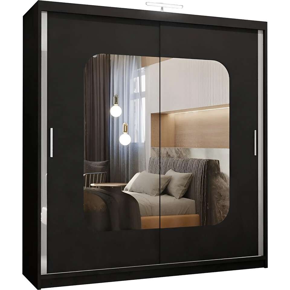 image 1 of Modern Mirror Sliding Wardrobe with Gloss Strips & Storage