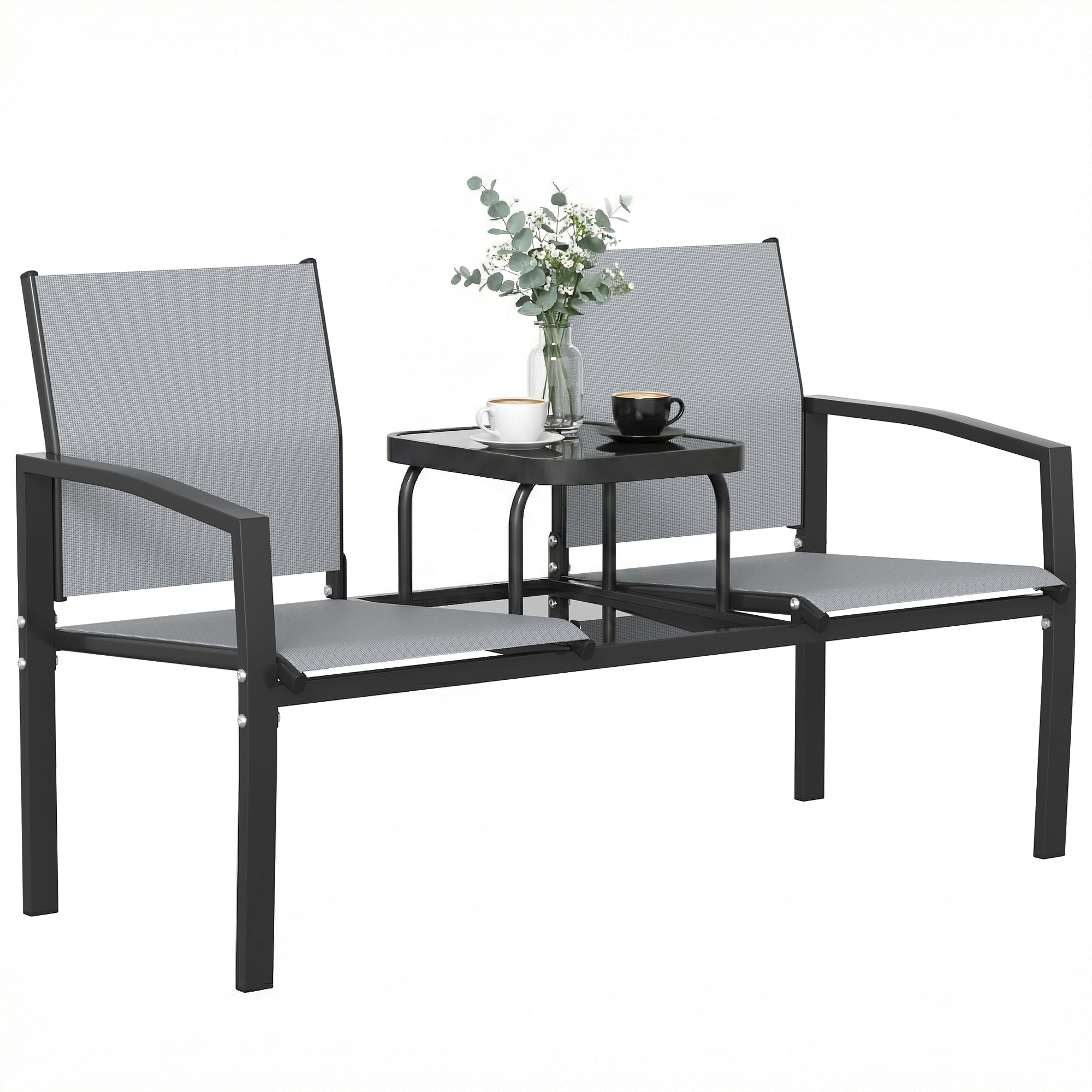 Outsunny Garden Love Seat with 2-Tier Table, 2 Seater Jack & Jill Loveseat | Grey | Grey, Black | L