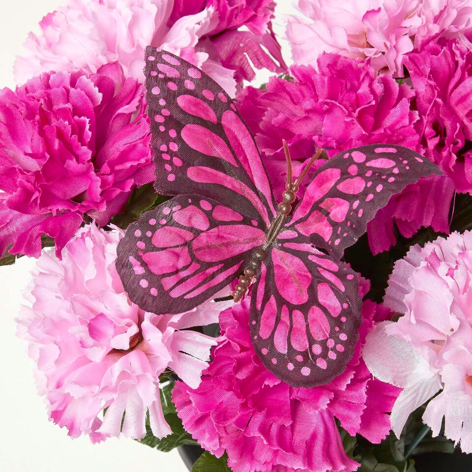 image 1 of Homescapes Set of 2 Yellow & Pink Carnation Artificial Flowers with Butterfly Decoration in Grave Vases