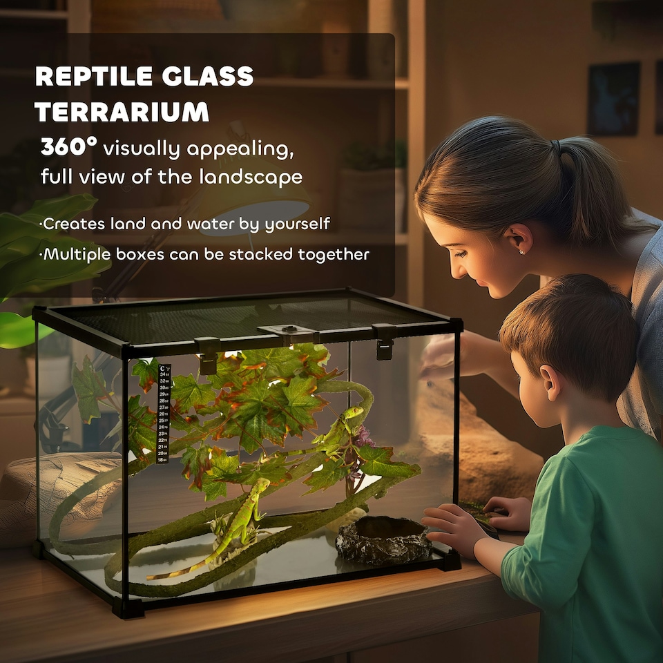 image 1 of PawHut Glass Reptile Terrarium with Thermometer, Decor Kit, Heated - Black