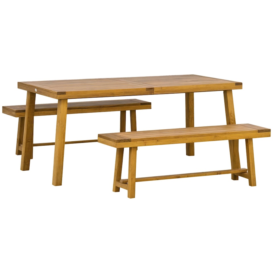 image 1 of Outsunny 3 Pieces Picnic Bench Set with Table and 2 Benches, Acacia wood Dining Trestle Beer Table and Seat, Natural Wood Finish