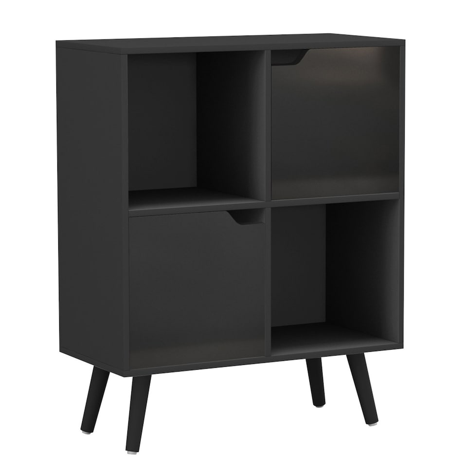 image 1 of Black 4-Cube Storage Unit with 2 Wooden Doors and Legs | Black | Black & Black | 1