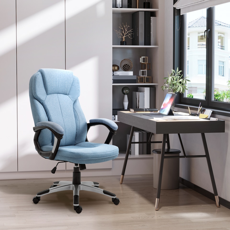 image 1 of Vinsetto Office Chair, Linen Fabric Desk Chair, Height Adjustable Computer Chair with Padded Armrests, Swivel Wheels and Tilt Function, Blue
