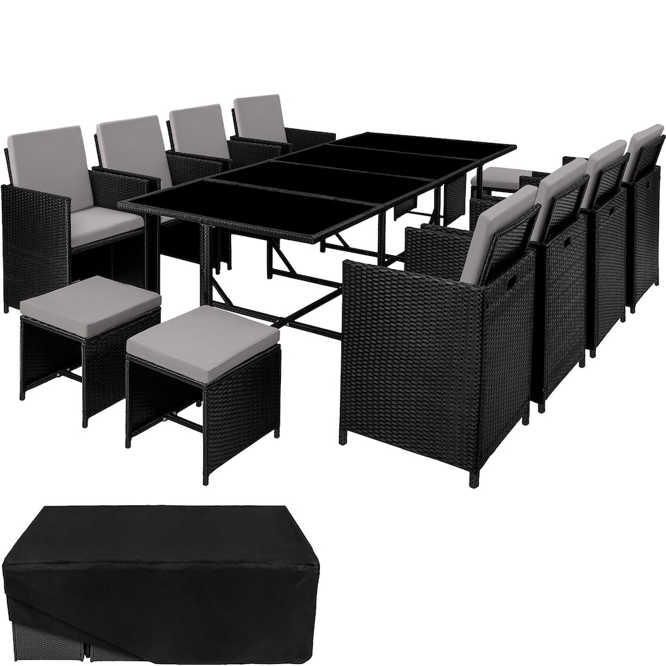 image 1 of Garden Table and Chairs Palma - 12 seats with cushions, dining table, rain cover | Black | black/grey | 53 x 53 x 87 cm | 1