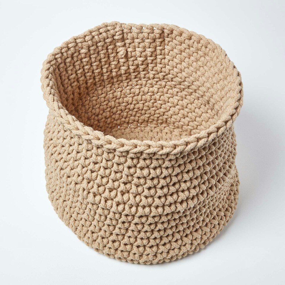 image 1 of Homescapes Linen Cotton Knitted Round Storage Basket - 42 x 37 cm Cream | L