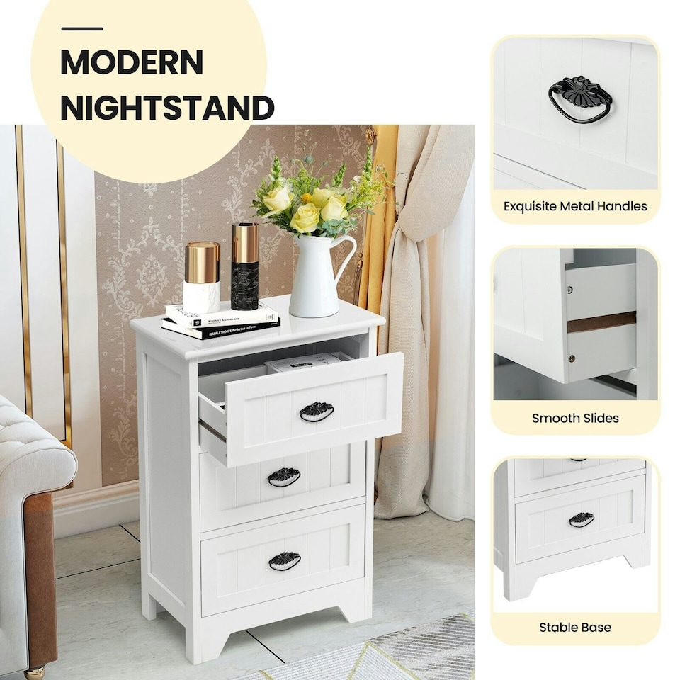 image 1 of COSTWAY Wood 3-Drawer Nightstand Accent End Table White | White