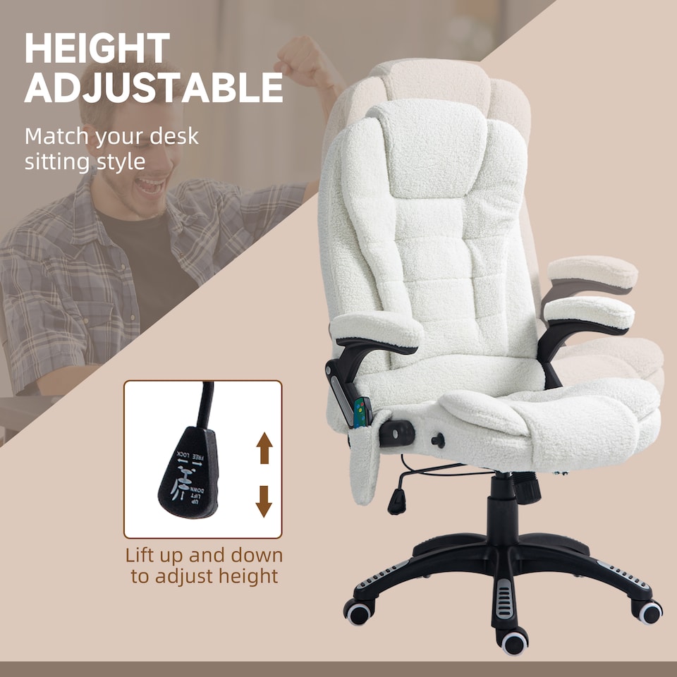 image 1 of Vinsetto Office Chair, Ergonomic Desk Chair with 6-Point Massage and Back Heated, Boucle-Feel Fabric Computer Gaming Chair with Arms, Lumbar Support, White