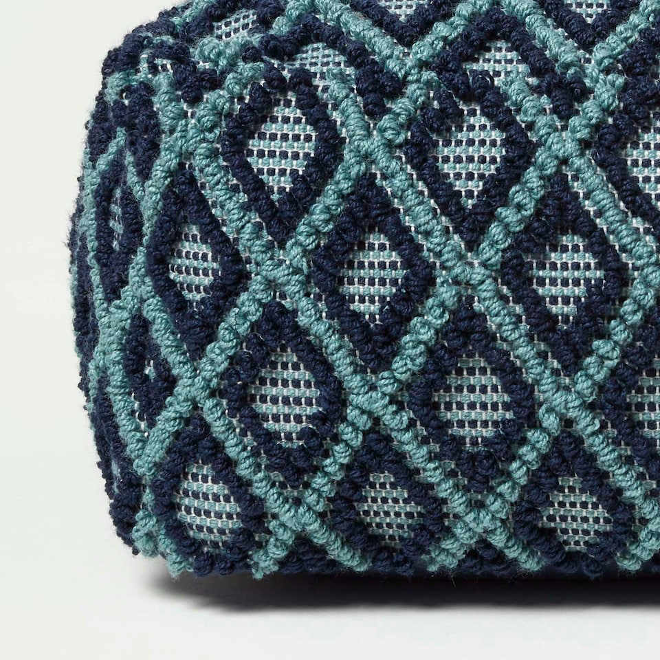 image 1 of Homescapes Tula Handwoven Textured Navy & Teal Pouffe Bean Cube