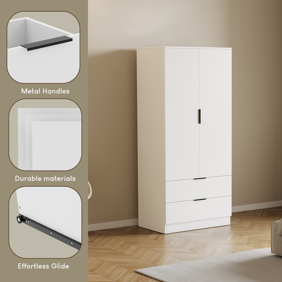 image 1 of Vida Designs Trega 2 Door 2 Drawer Wardrobe Bedroom Storage Unit with Hanging Clothes Rail - White