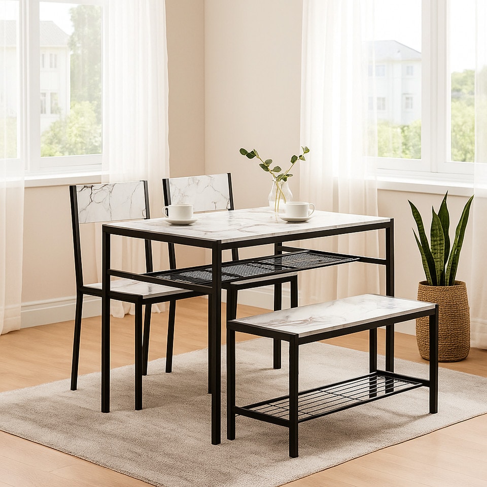 image 1 of 4 Pcs Set Dining Room Table Metal Frame with 2 Matching Chairs and Bench Kitchen | Multi | White Marble