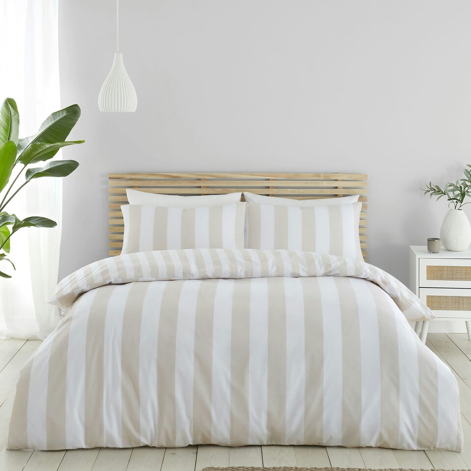 image 1 of Catherine Lansfield Cove Stripe Reversible King Duvet Cover Set Natural