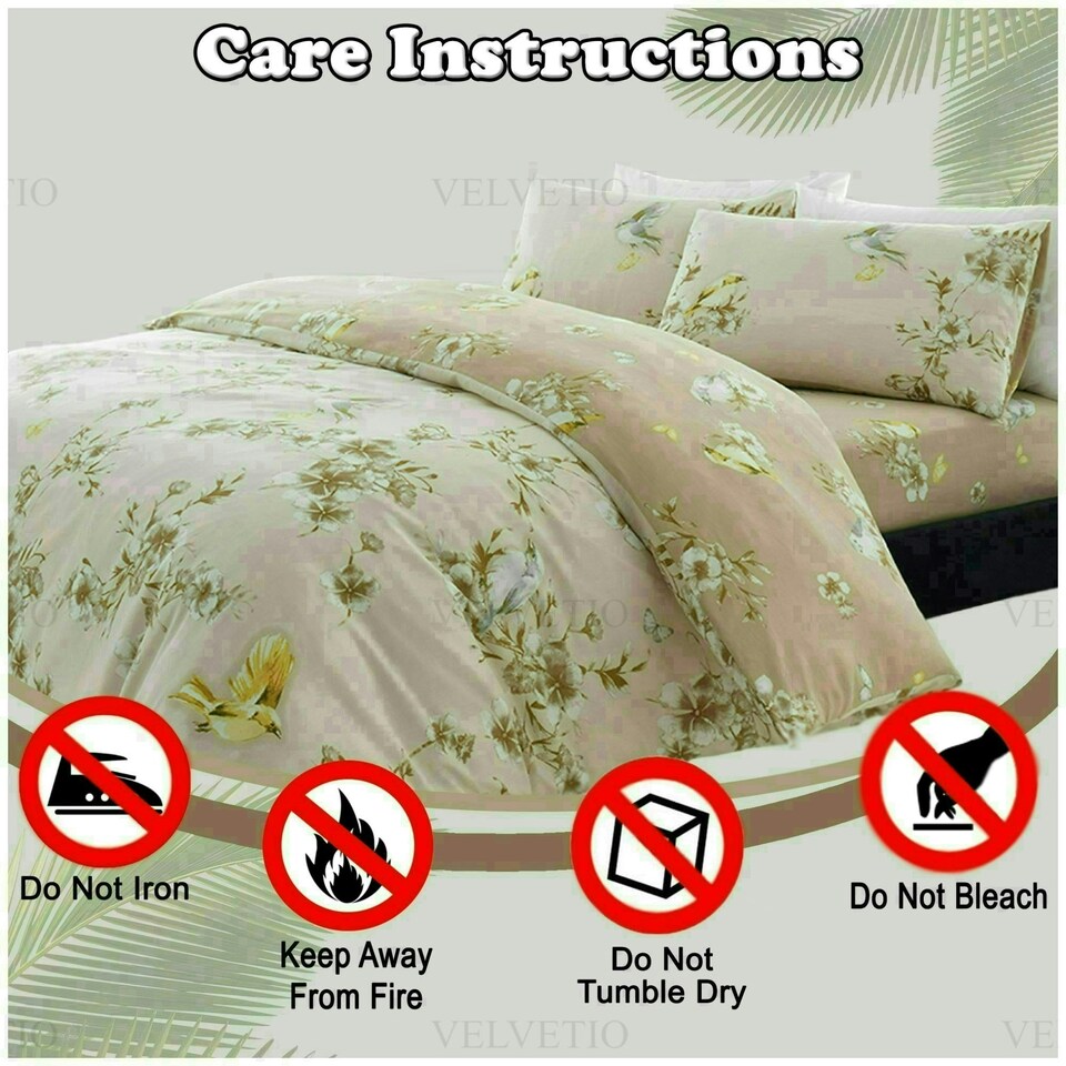 image 1 of VELVETIO Birdie Blossom Printed Duvet Cover Set Reversible Polycotton Beddings Cream | Natural | Double